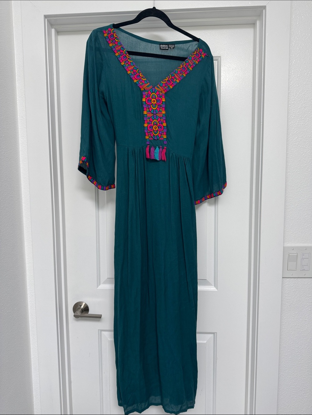 Bohemian Teal Embroidered Maxi Dress with Tassel Detail